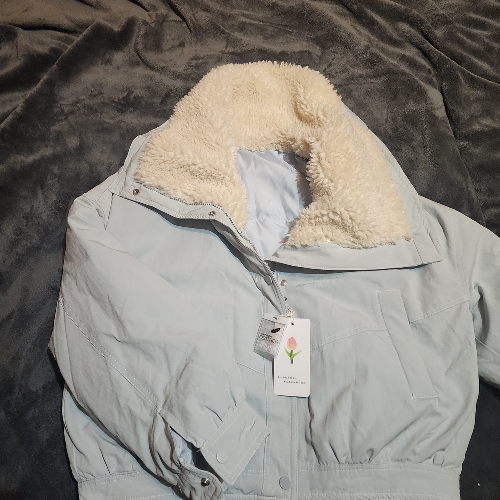 Light Blue Jacket with Cream Sherpa Collar